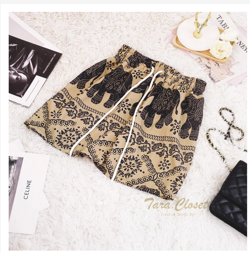 Thai Elephant Shorts  Lightweight Silk Boho Shorts