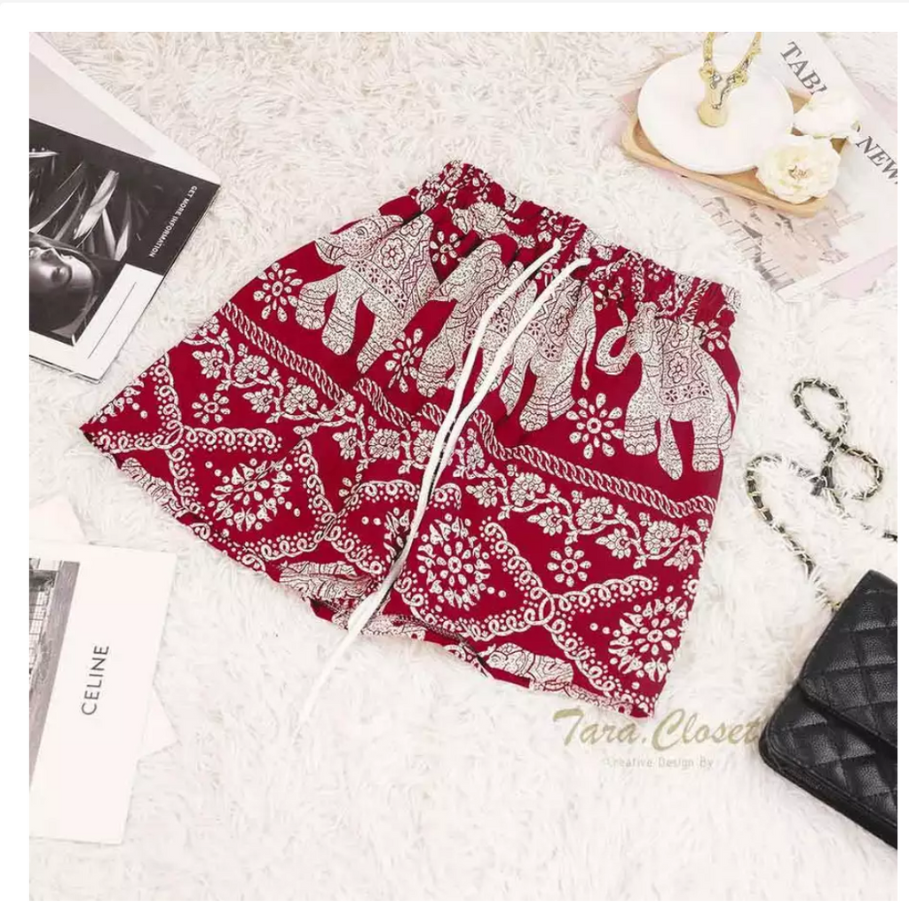 Thai Elephant Shorts  Lightweight Silk Boho Shorts