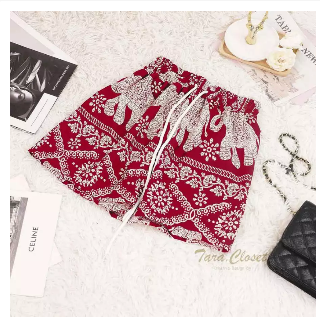 Thai Elephant Shorts  Lightweight Silk Boho Shorts