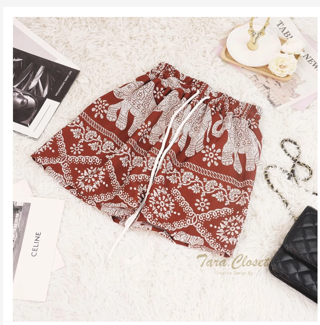 Thai Elephant Shorts  Lightweight Silk Boho Shorts