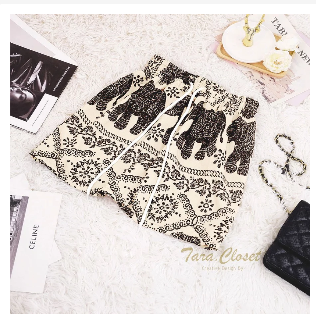 Thai Elephant Shorts  Lightweight Silk Boho Shorts
