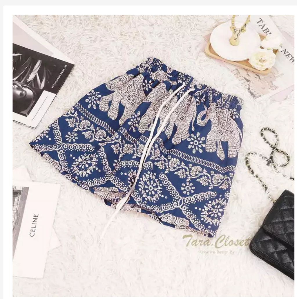 Thai Elephant Shorts  Lightweight Silk Boho Shorts