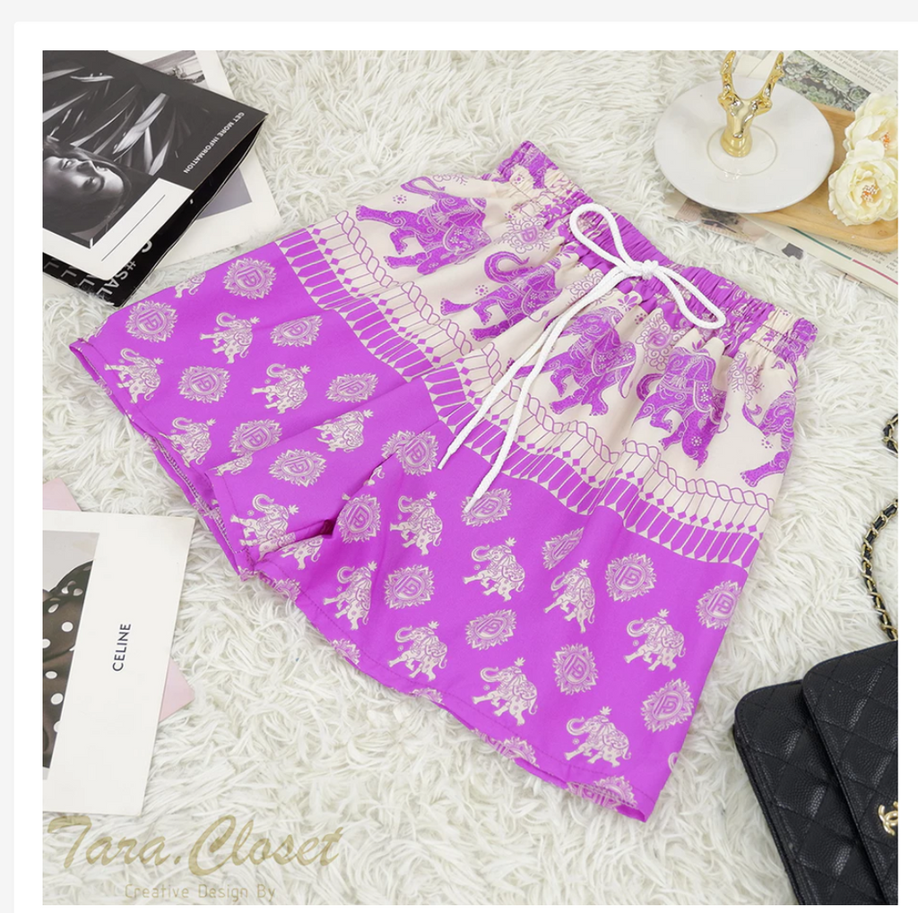 Thai Elephant Shorts  Lightweight Silk Boho Shorts