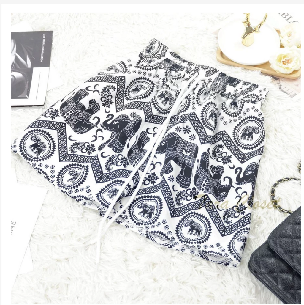 Thai Elephant Shorts  Lightweight Silk Boho Shorts