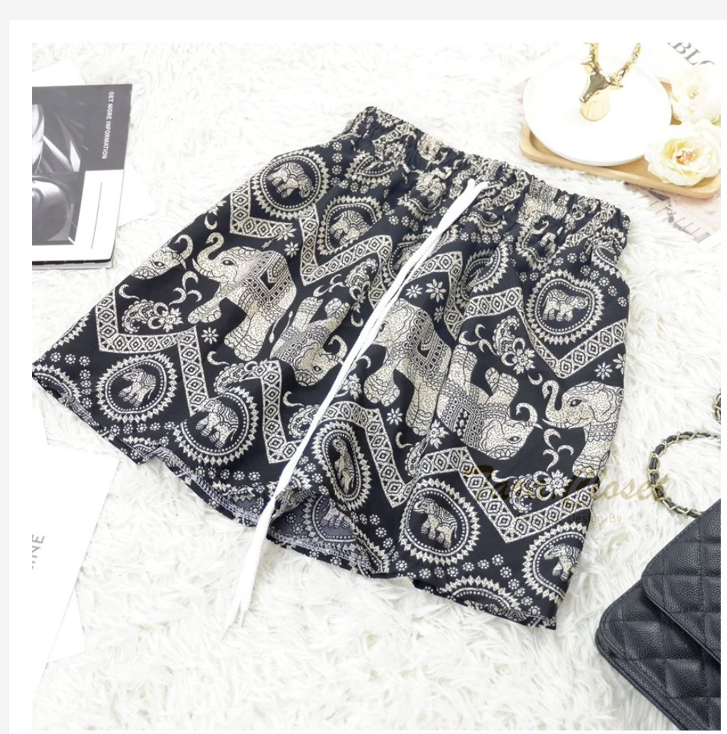 Thai Elephant Shorts  Lightweight Silk Boho Shorts
