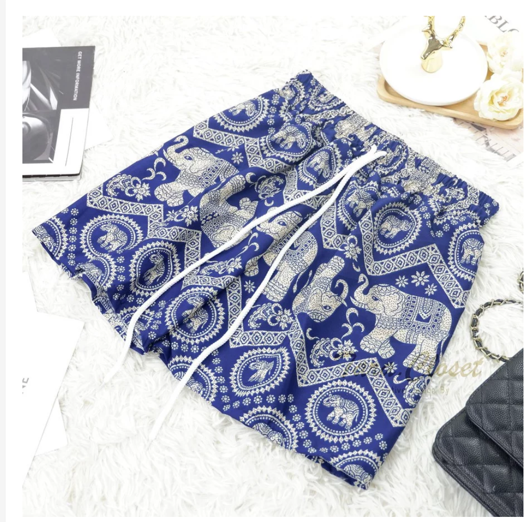 Thai Elephant Shorts  Lightweight Silk Boho Shorts