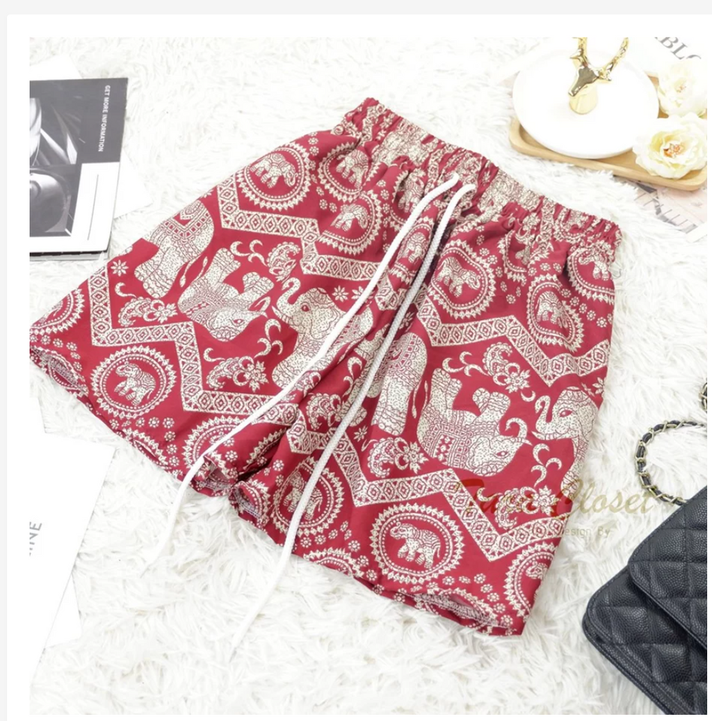 Thai Elephant Shorts  Lightweight Silk Boho Shorts