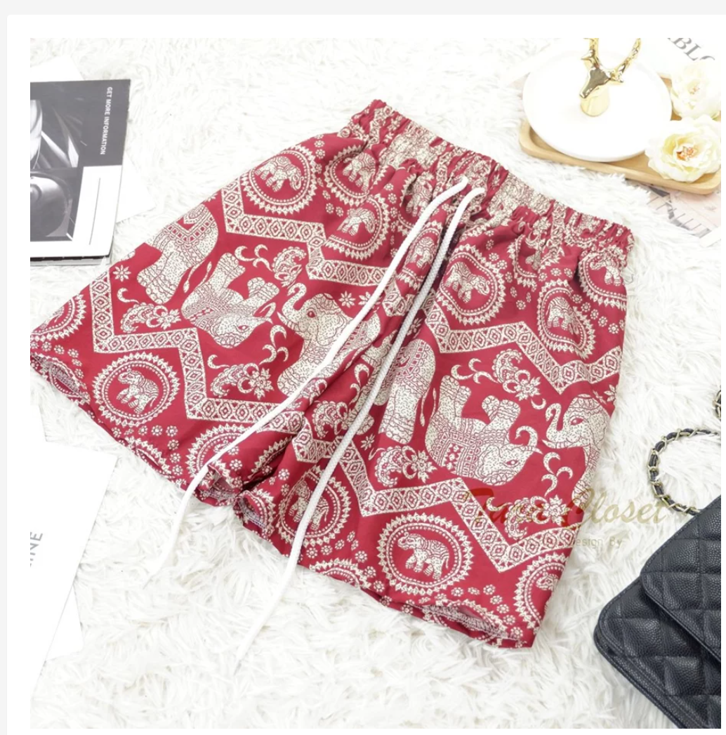 Thai Elephant Shorts  Lightweight Silk Boho Shorts