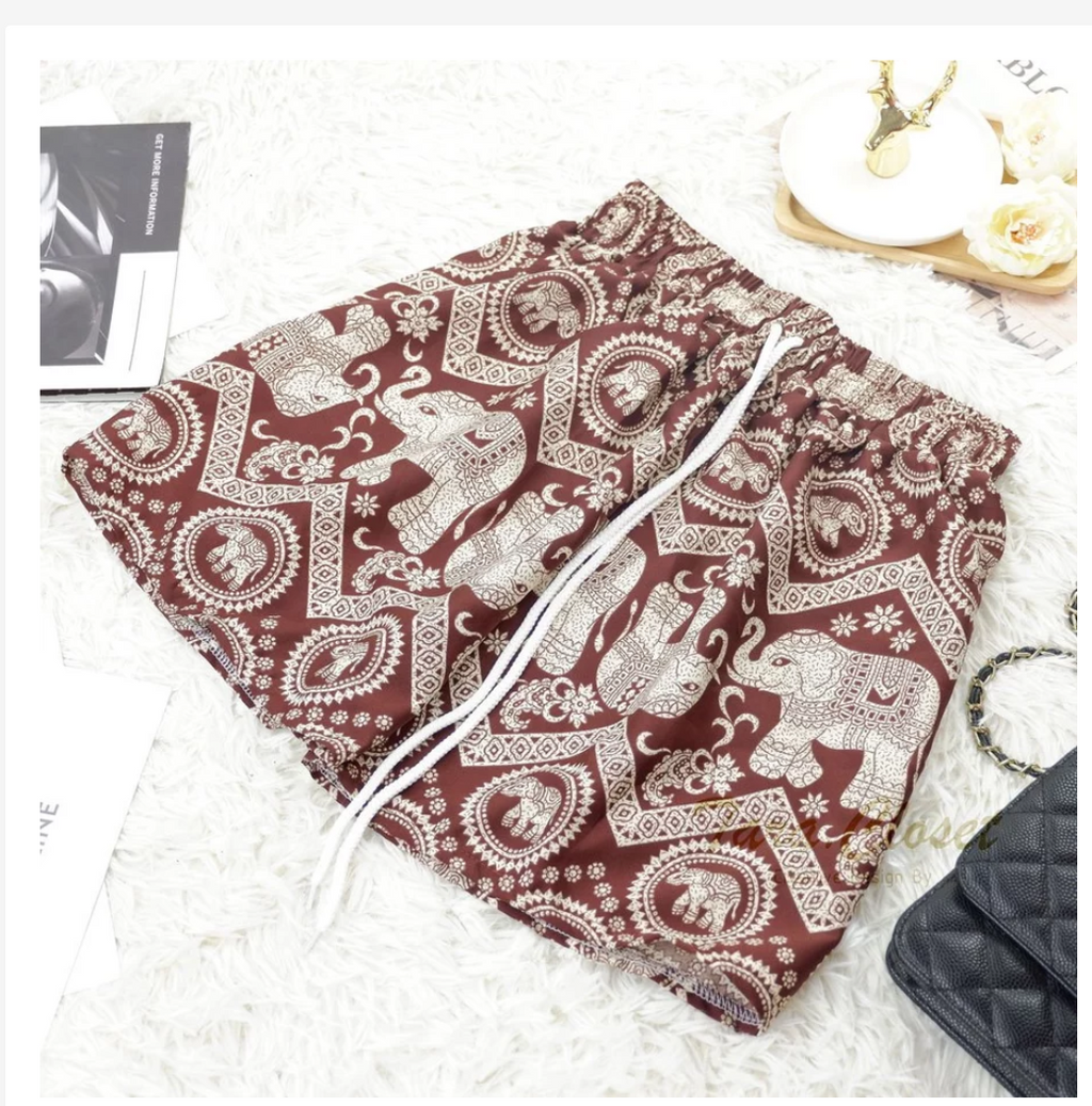 Thai Elephant Shorts  Lightweight Silk Boho Shorts