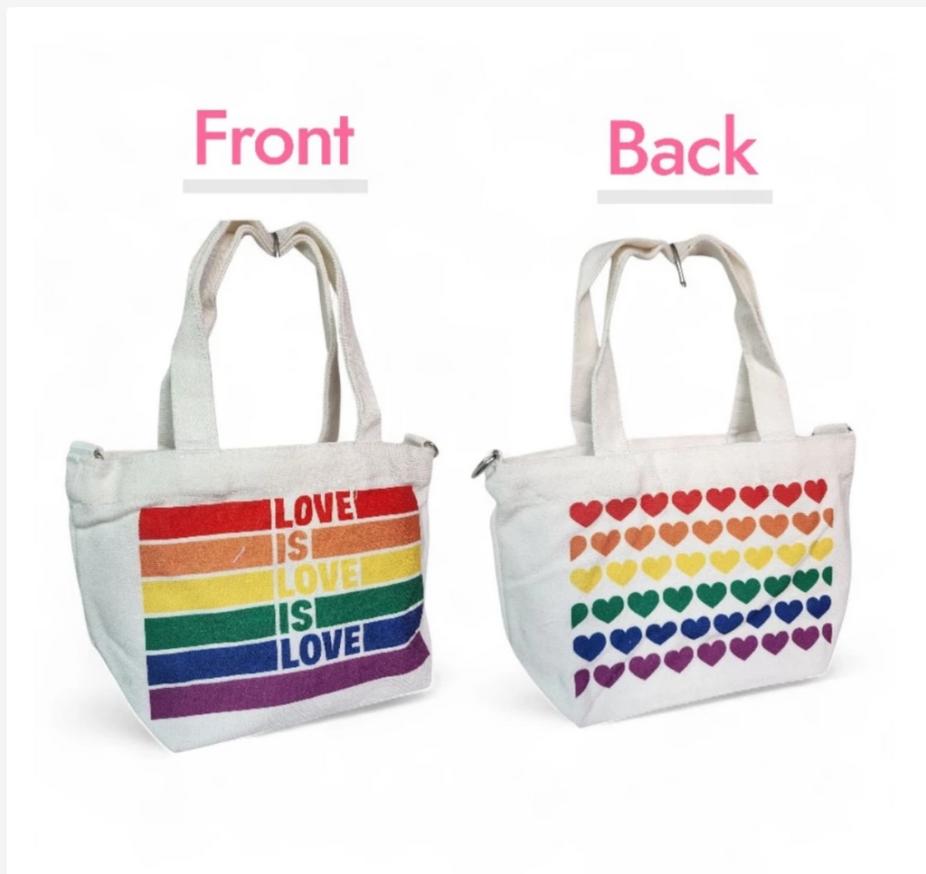 Pride Day Canvas Crossbody Bag, Love Is Rainbow Heart Design