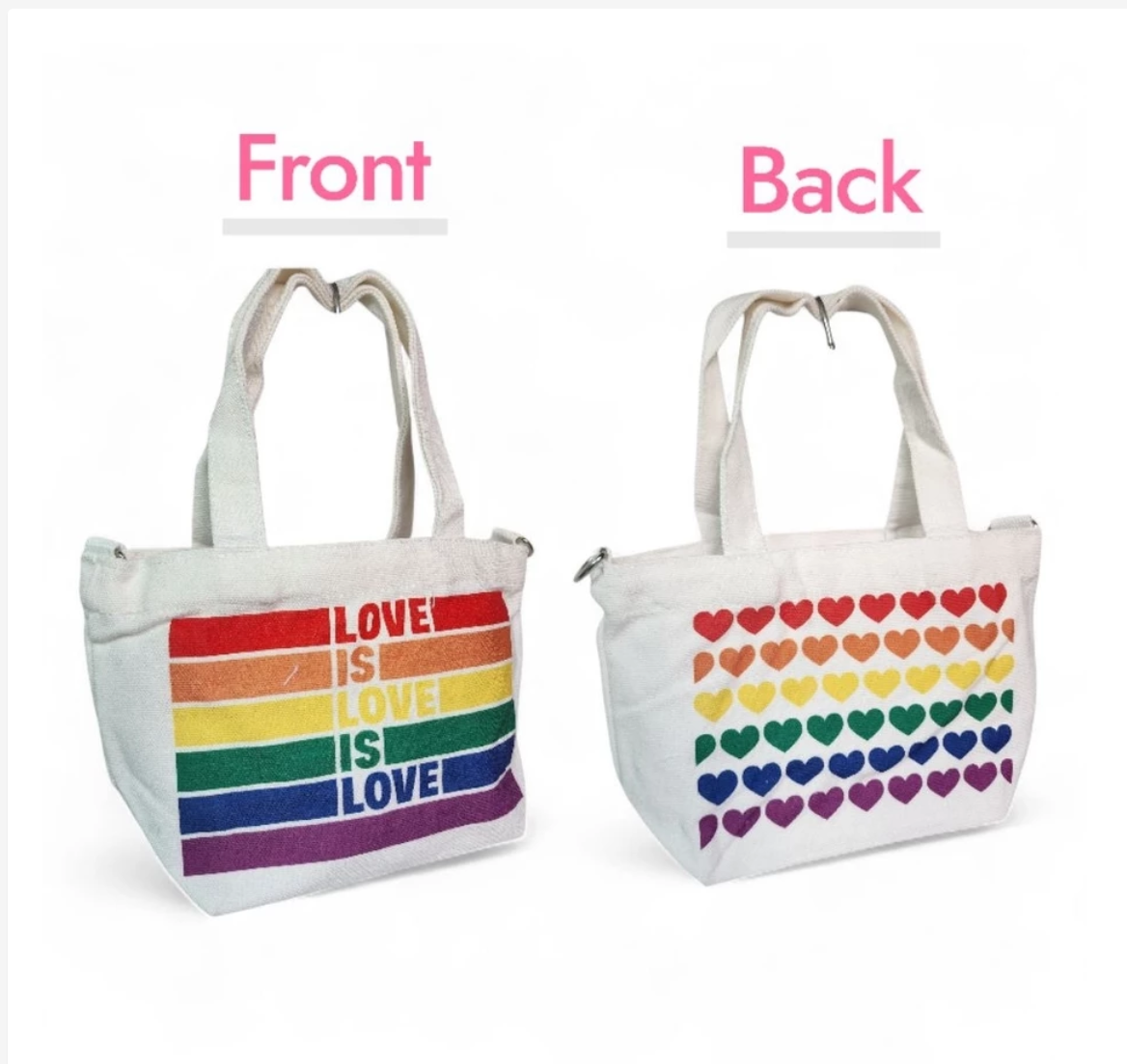 Pride Day Canvas Crossbody Bag, Love Is Rainbow Heart Design