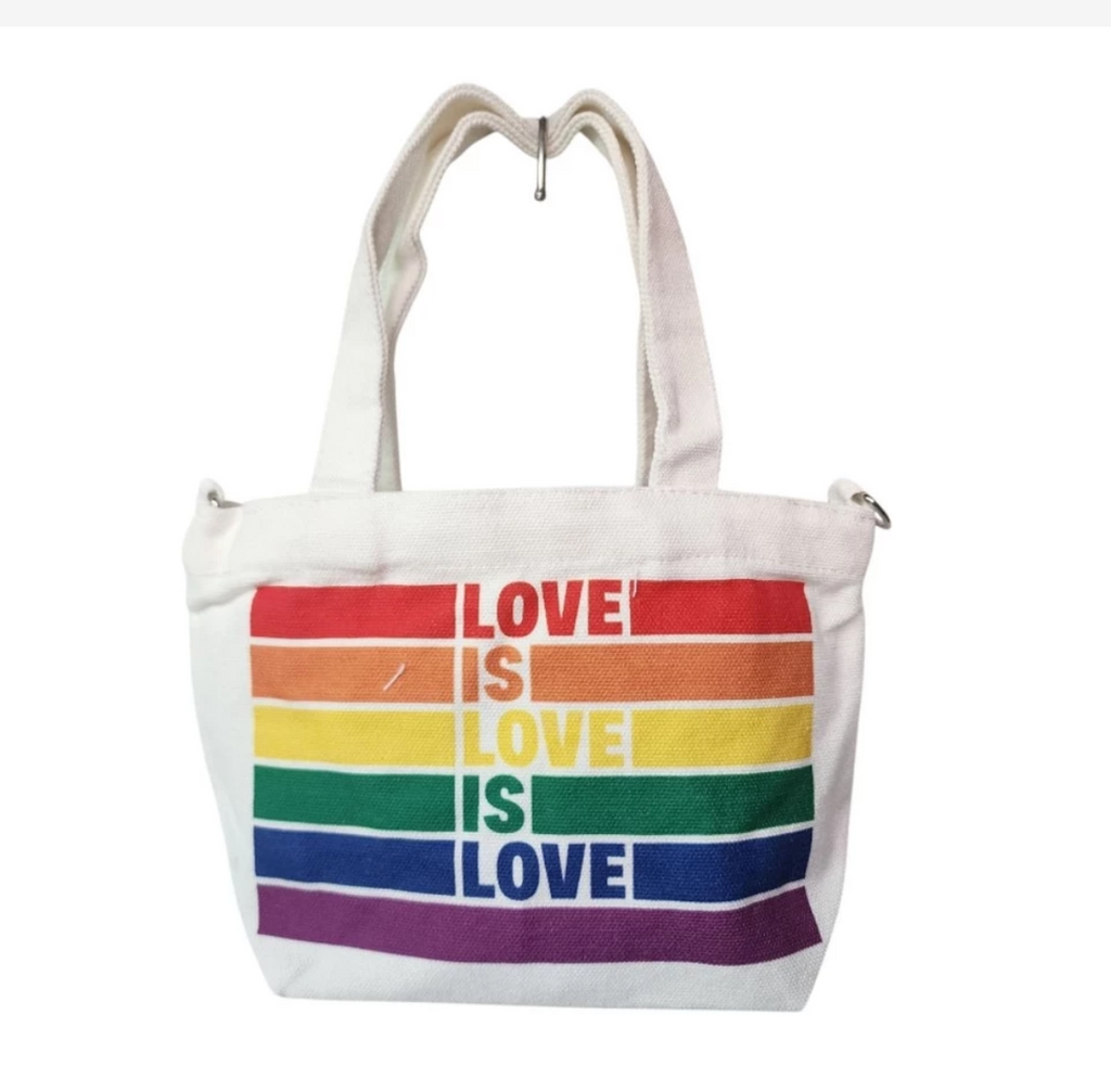 Pride Day Canvas Crossbody Bag, Love Is Rainbow Heart Design