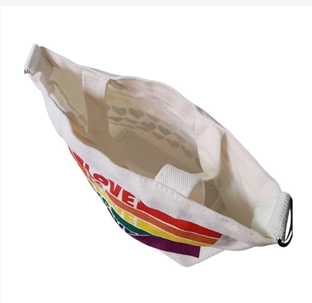 Pride Day Canvas Crossbody Bag, Love Is Rainbow Heart Design