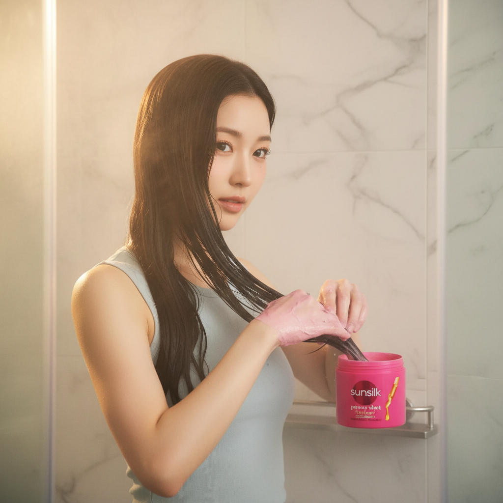 Sunsilk Power Shot Treatment advertisement with a model on a pink and yellow gradient background