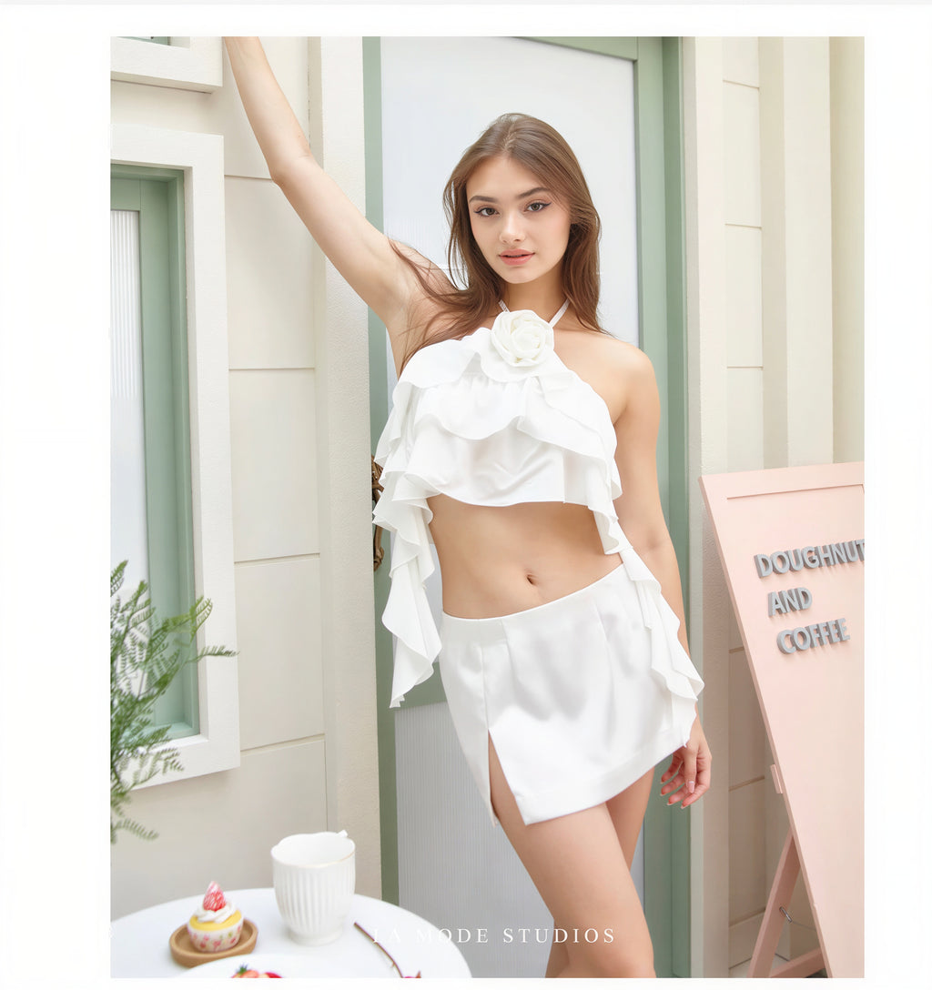 Ginny Ruffle Halter Top with Floral Detail – La Mode Studios