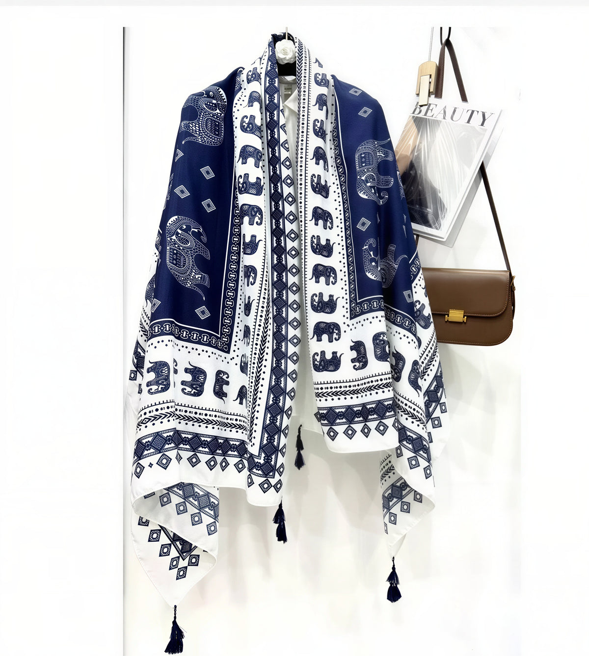Thai Elephant Print Lightweight Scarf & Shawl with Tassels