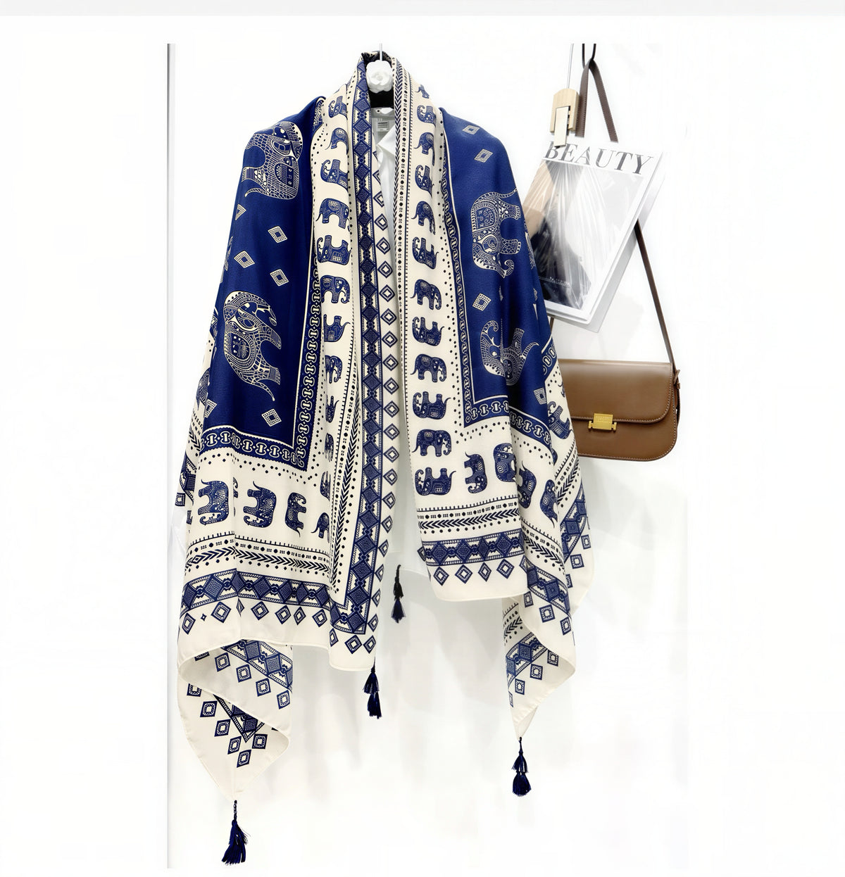 Thai Elephant Print Lightweight Scarf & Shawl with Tassels