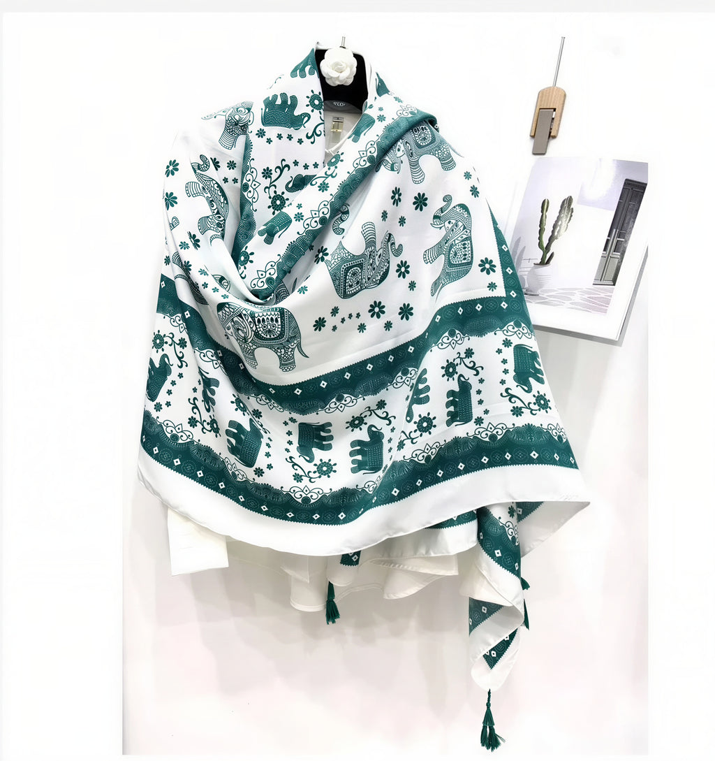 Thai Elephant Print Lightweight Scarf & Shawl with Tassels