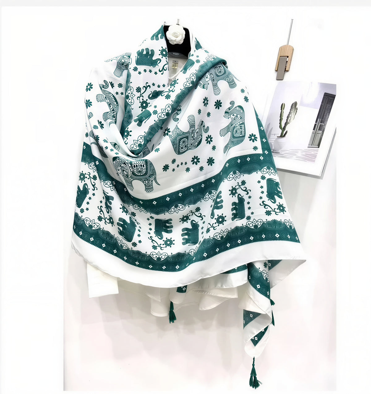Thai Elephant Print Lightweight Scarf & Shawl with Tassels