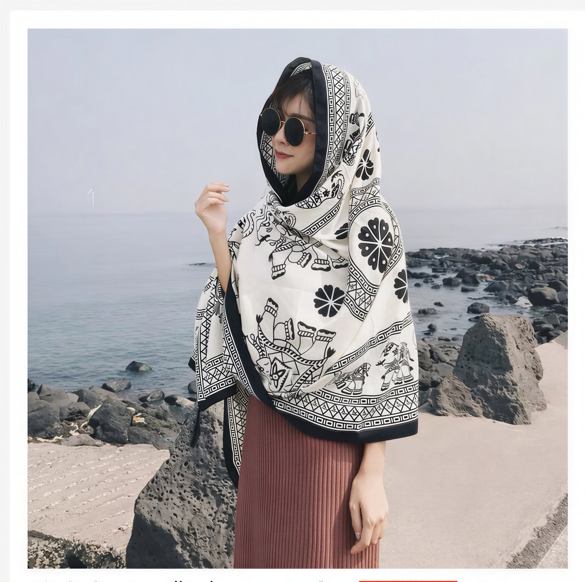 Thai Elephant Print Lightweight Scarf & Shawl with Tassels
