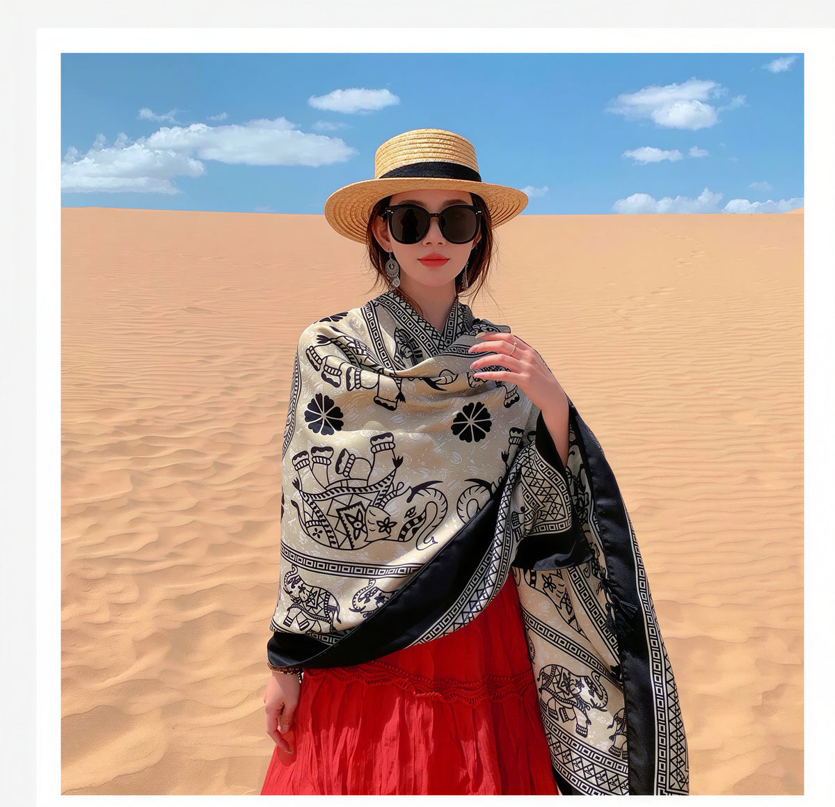 Thai Elephant Print Lightweight Scarf & Shawl with Tassels