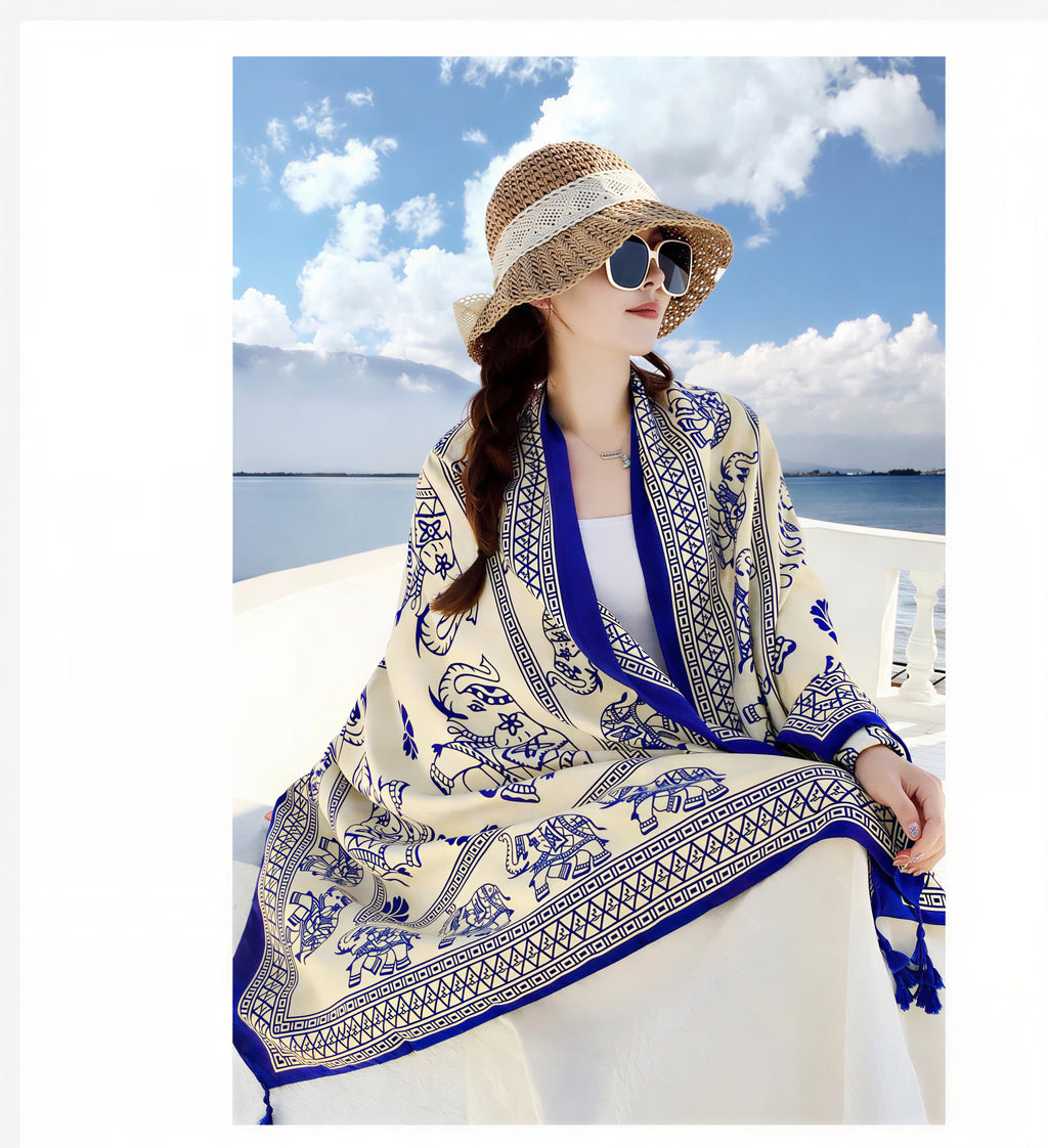 Thai Elephant Print Lightweight Scarf & Shawl with Tassels