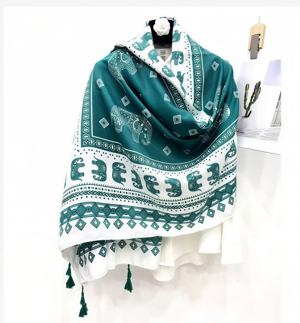 Thai Elephant Print Lightweight Scarf & Shawl with Tassels