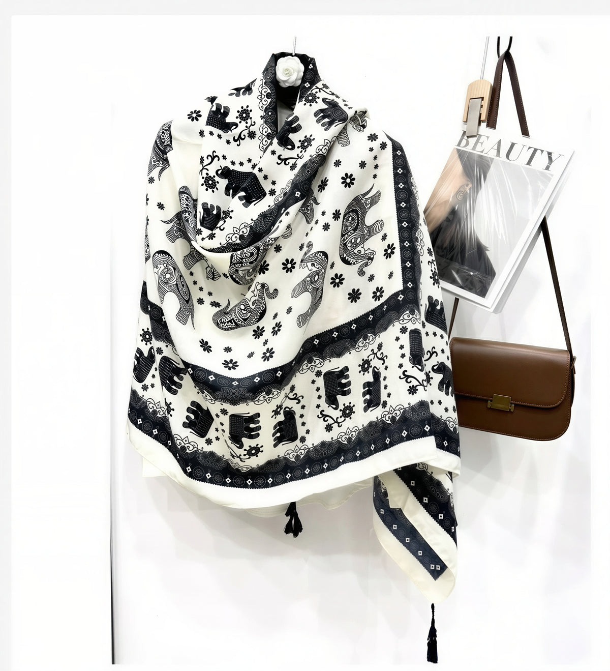Thai Elephant Print Lightweight Scarf & Shawl with Tassels