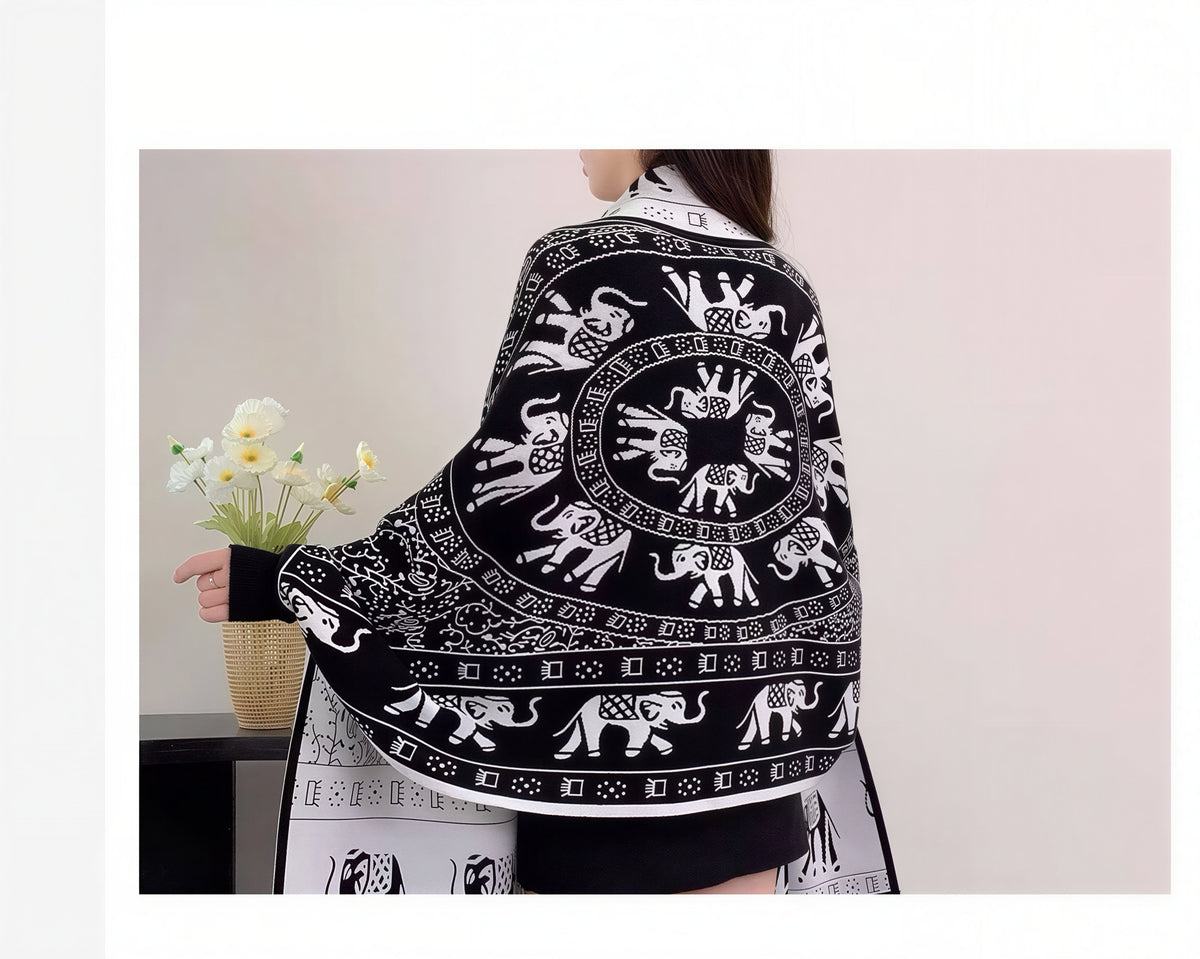 Thai Elephant Print Lightweight Scarf & Shawl with Tassels