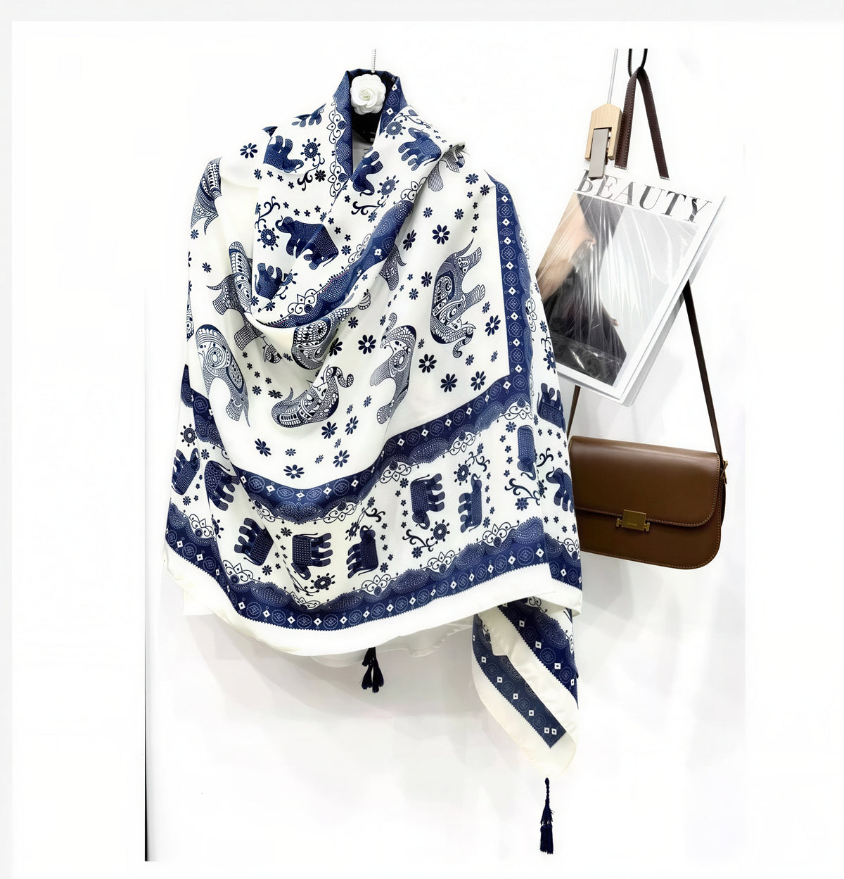 Thai Elephant Print Lightweight Scarf & Shawl with Tassels