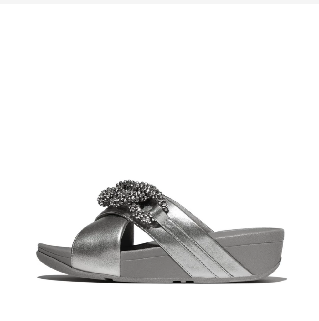 FitFlop Lulu Beaded-Chain Cross Slides – Silver