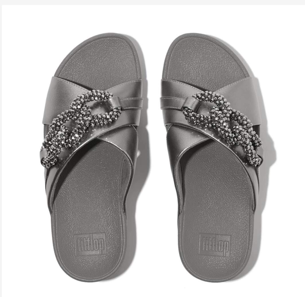 FitFlop Lulu Beaded-Chain Cross Slides – Silver