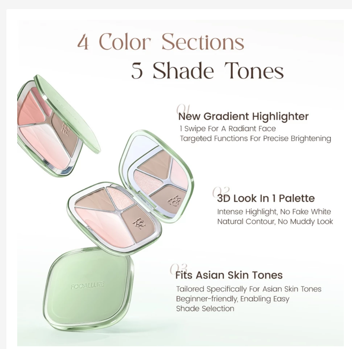 FOCALLURE Gradient Highlighter & Contour Palette, 5-Shade Face Sculpting Palette