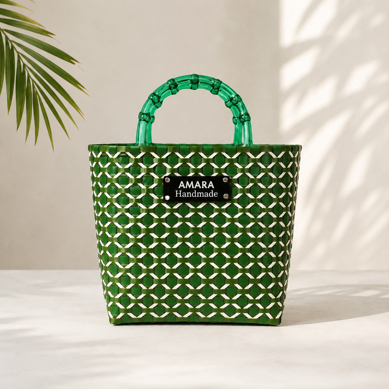 AMARA Handmade Woven Bag Emerald Glass Handle Edition