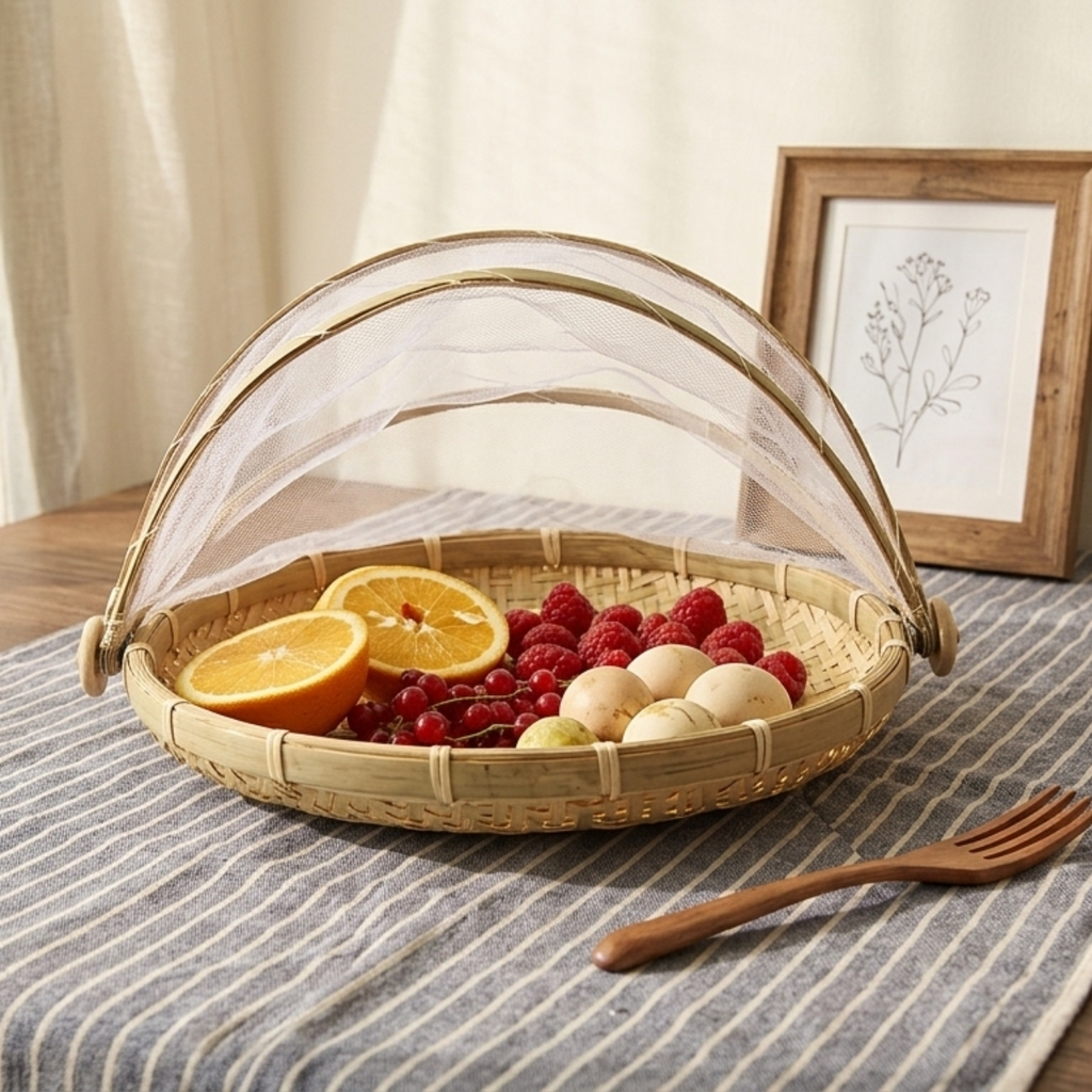 Foldable Bamboo Food Cover  Natural Mesh Protector