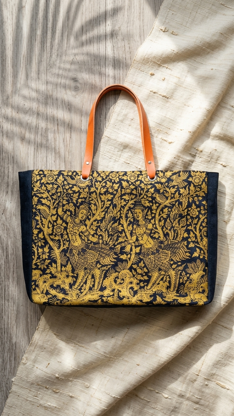 Golden Lotus Kinnari Canvas Bag Thai Cultural Tote with Leather Straps