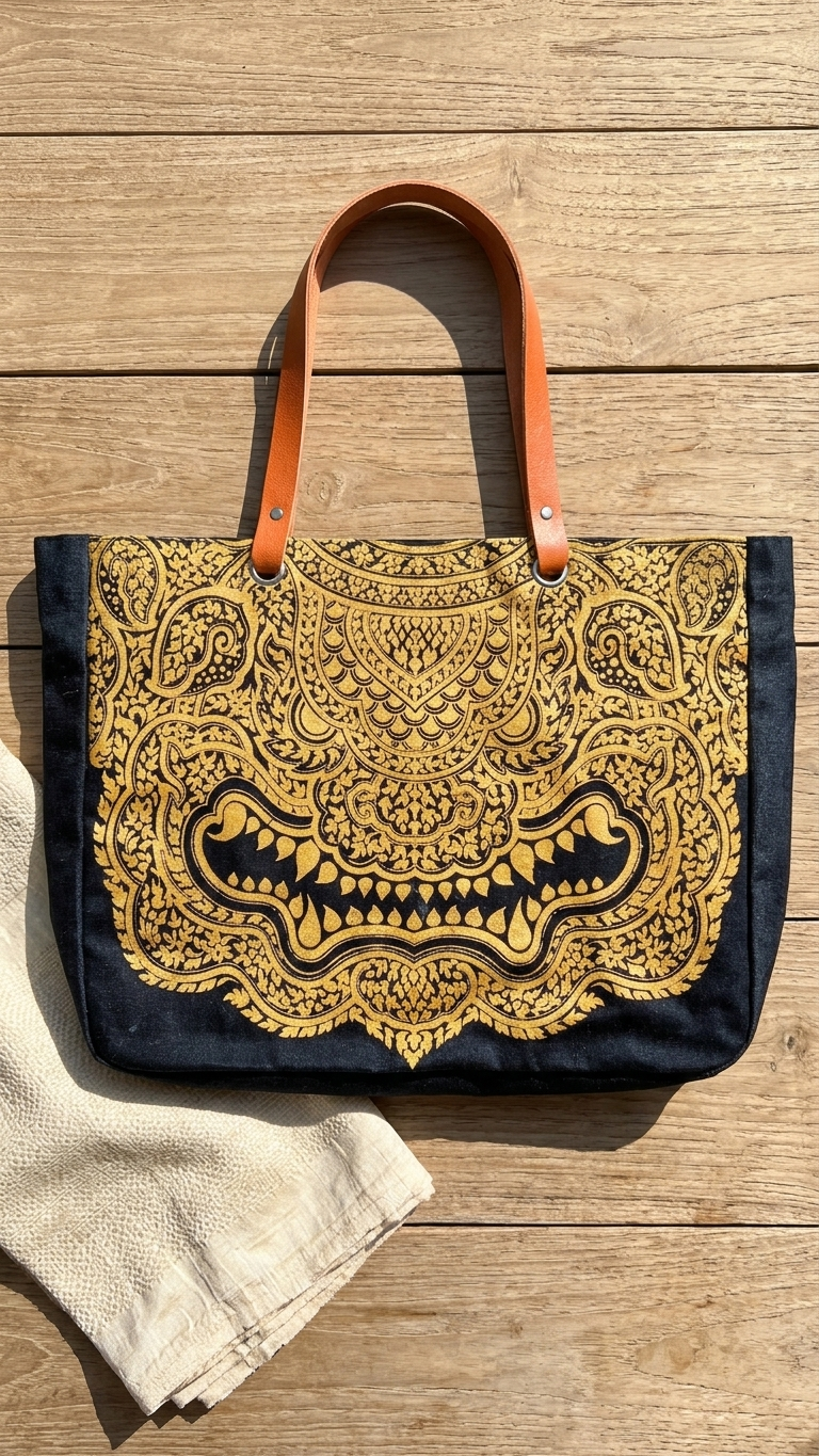 Golden Mythical Creatures Canvas Tote Thai Premium Bag with Leather Straps