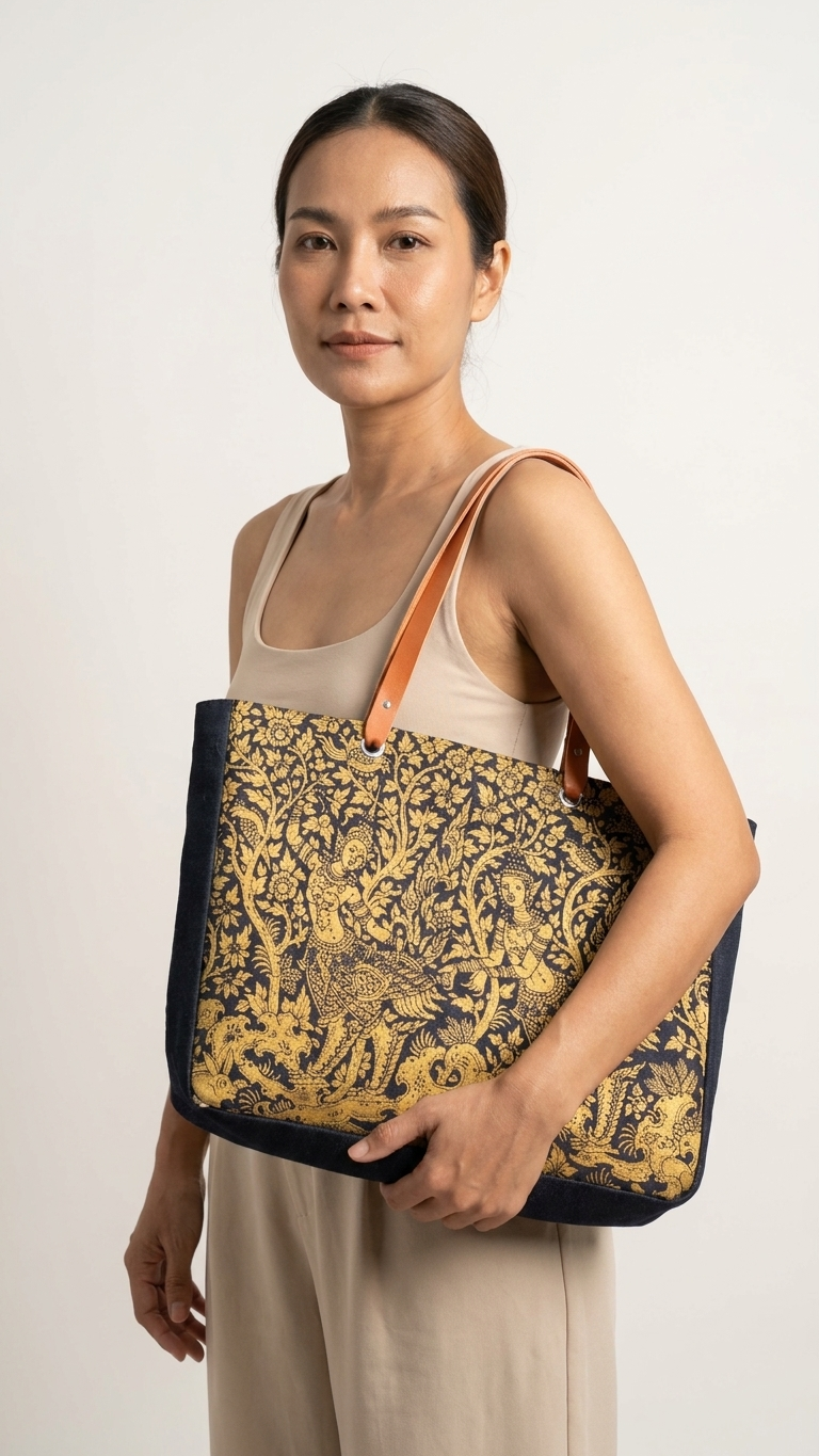 Golden Lotus Kinnari Canvas Bag Thai Cultural Tote with Leather Straps