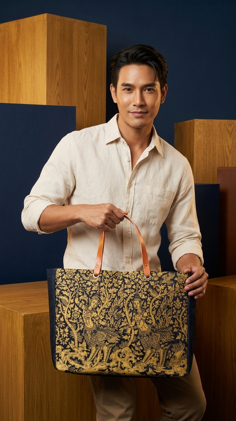 Golden Lotus Kinnari Canvas Bag Thai Cultural Tote with Leather Straps