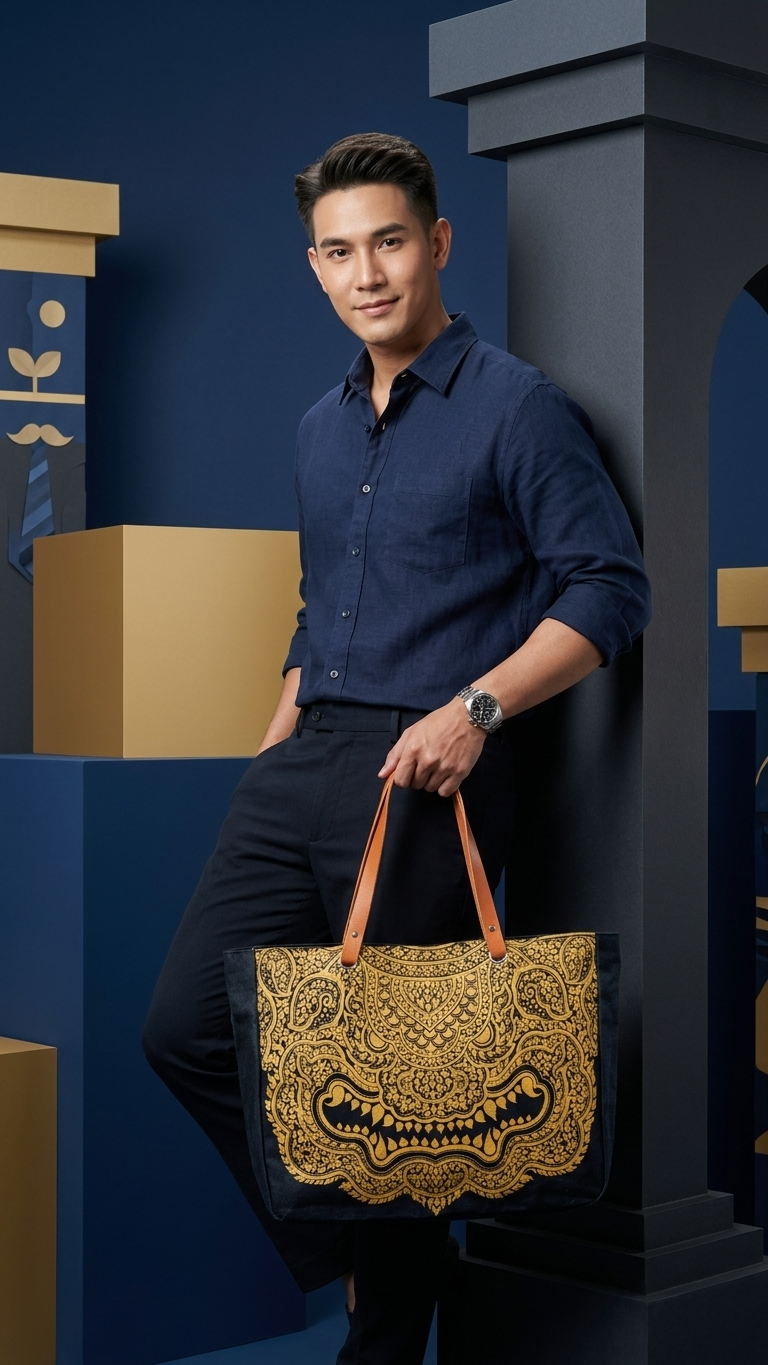 Golden Mythical Creatures Canvas Tote Thai Premium Bag with Leather Straps