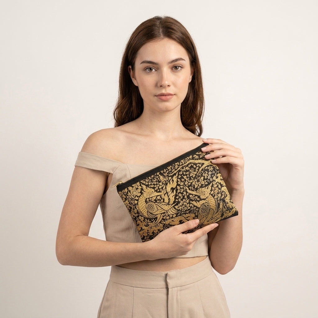 Golden Swan Canvas Clutch Thai Elegant Harmony Pouch