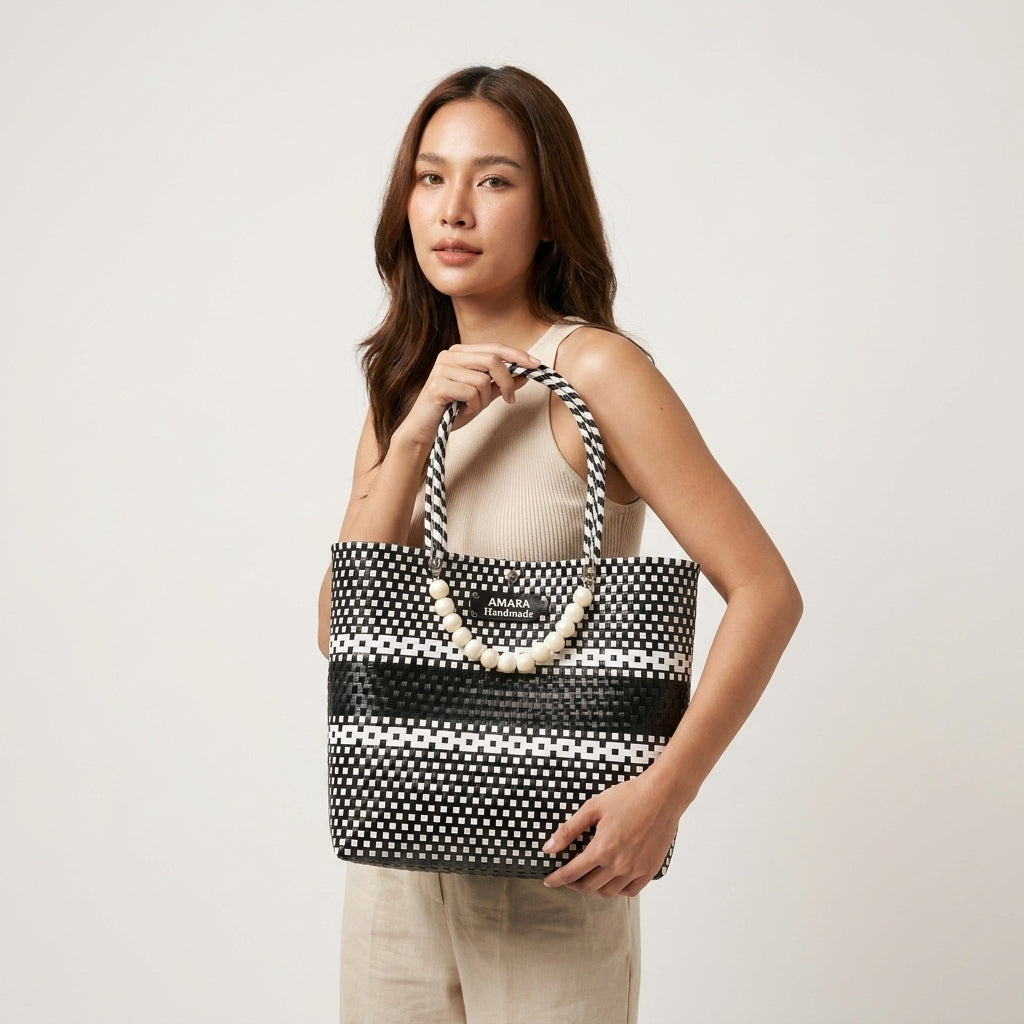 AMARA Handmade Woven Bag  Pearl Chain Elegant Tote