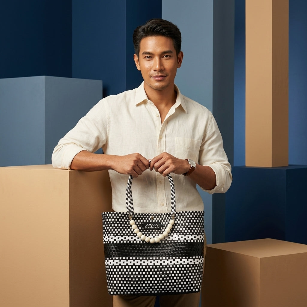 AMARA Handmade Woven Bag  Pearl Chain Elegant Tote