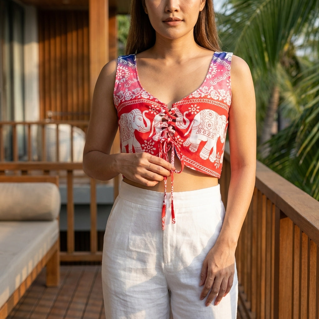 Thai Elephant Crop Top  Premium Italian Silk Double Layer