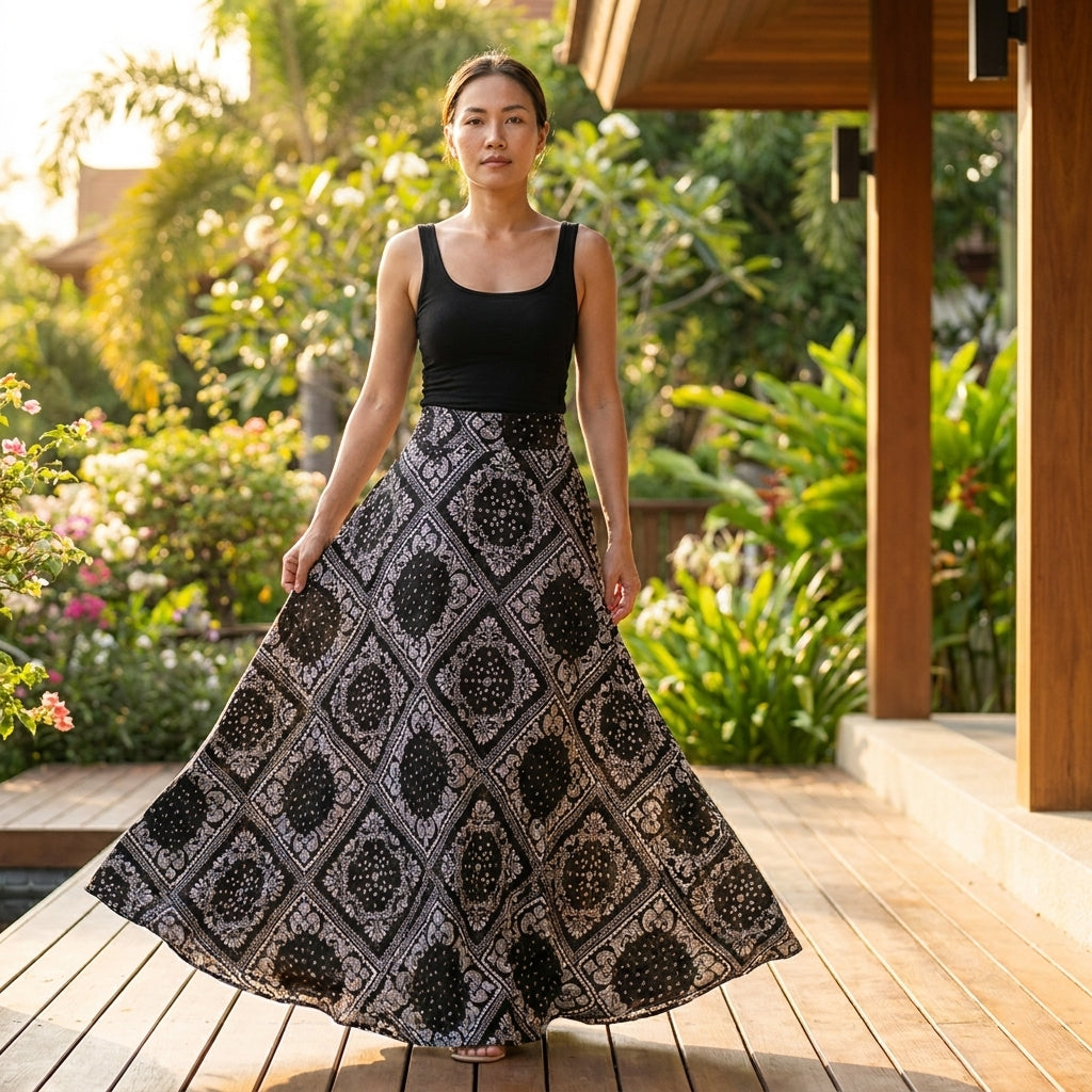 Thai Elephant Maxi Skirt Set  Premium Boho Crop Top & Flowing Skirt