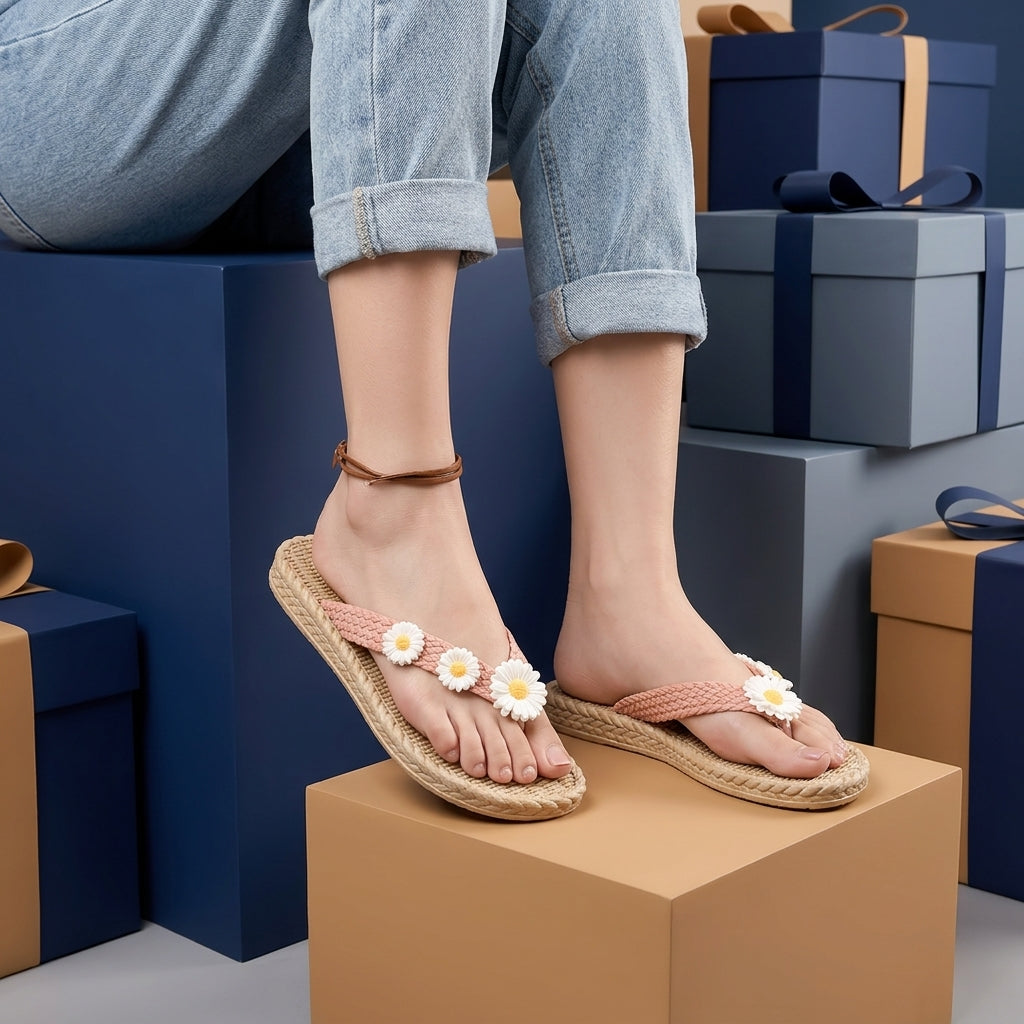 Women’s Daisy Flip Flops  Braided Sole Summer Style