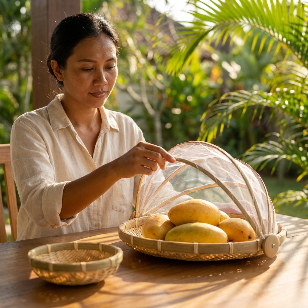Foldable Bamboo Food Cover  Natural Mesh Protector
