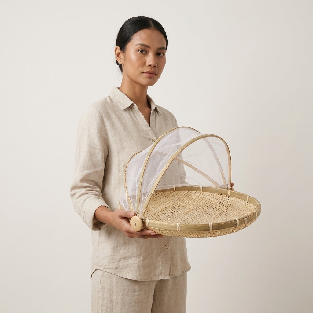Foldable Bamboo Food Cover  Natural Mesh Protector