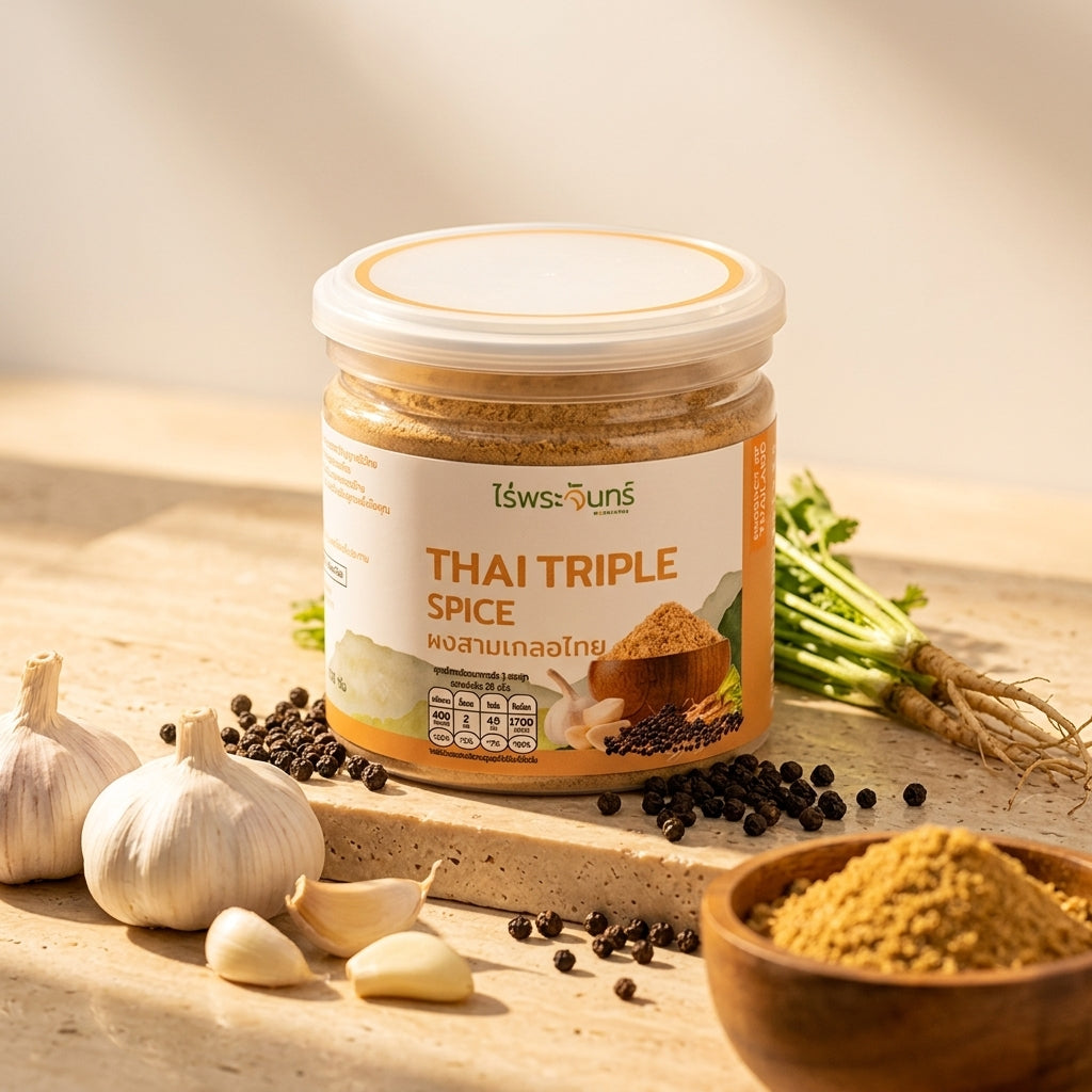 Rai Phra Chan Thai Triple Spice Powder – Garlic, Black Pepper & Coriander Root 100g