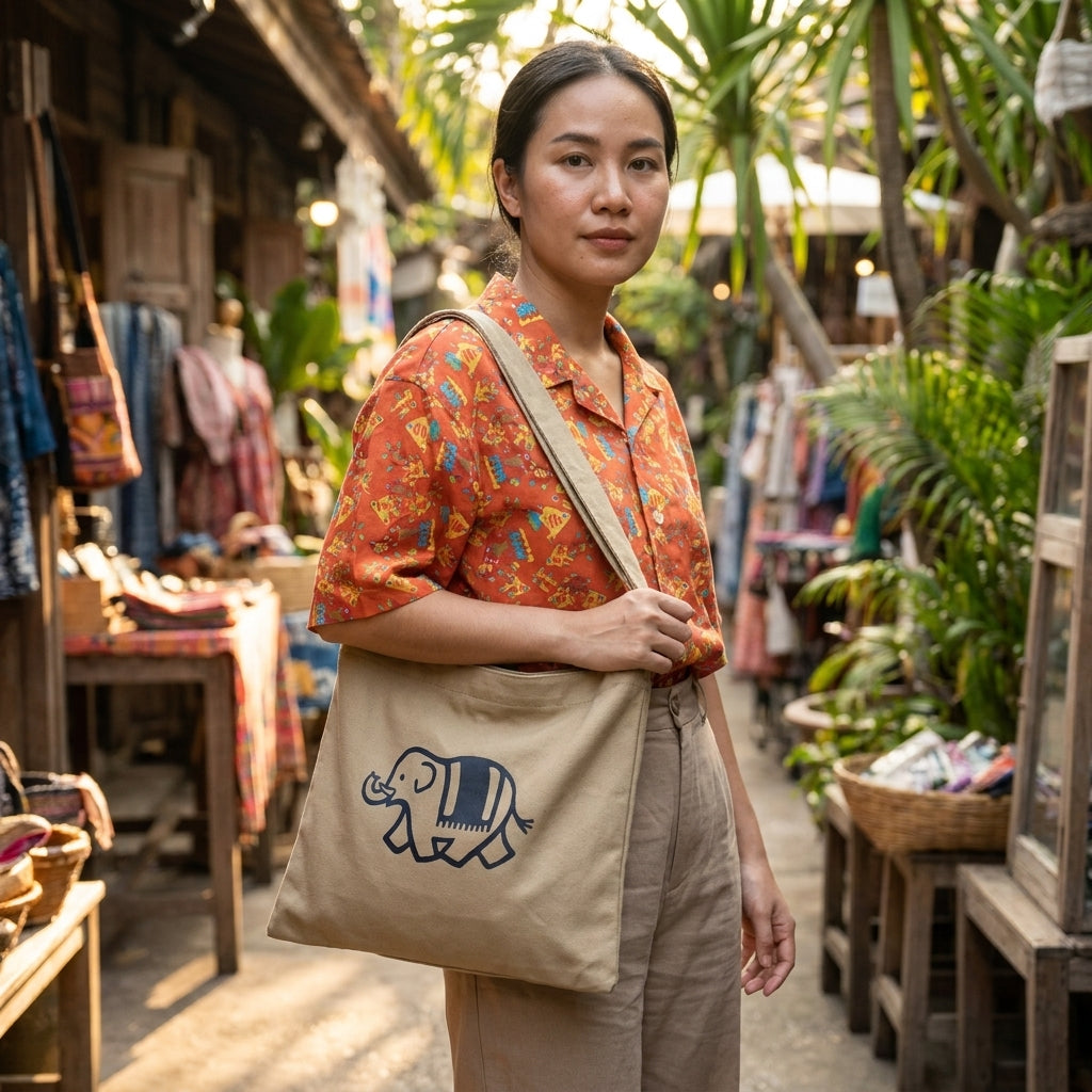 Good Goods Thai Elephant Print Shoulder Tote Bag – Choose Your Color